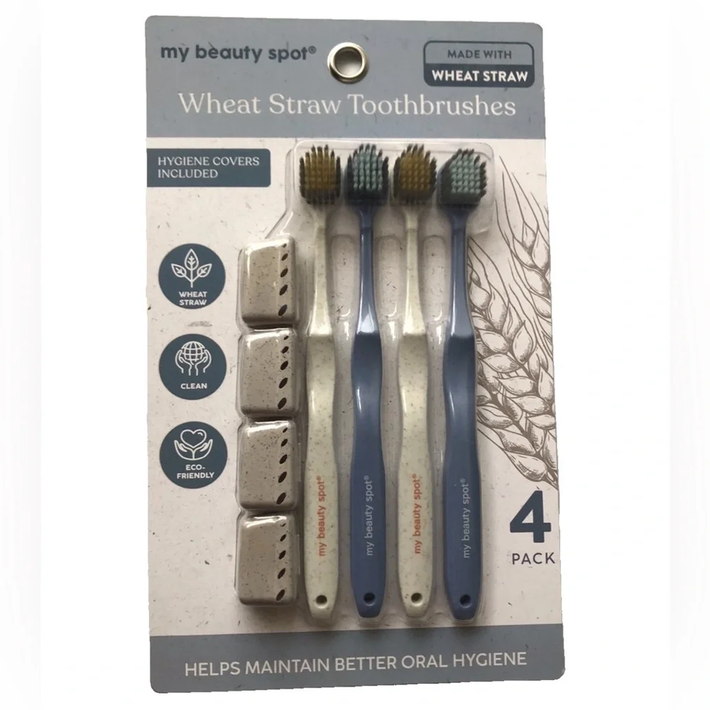My Beauty Spot Wheat Straw Toothbrushes 4 Pack Eco Friendly BPA Free w/ Hygiene